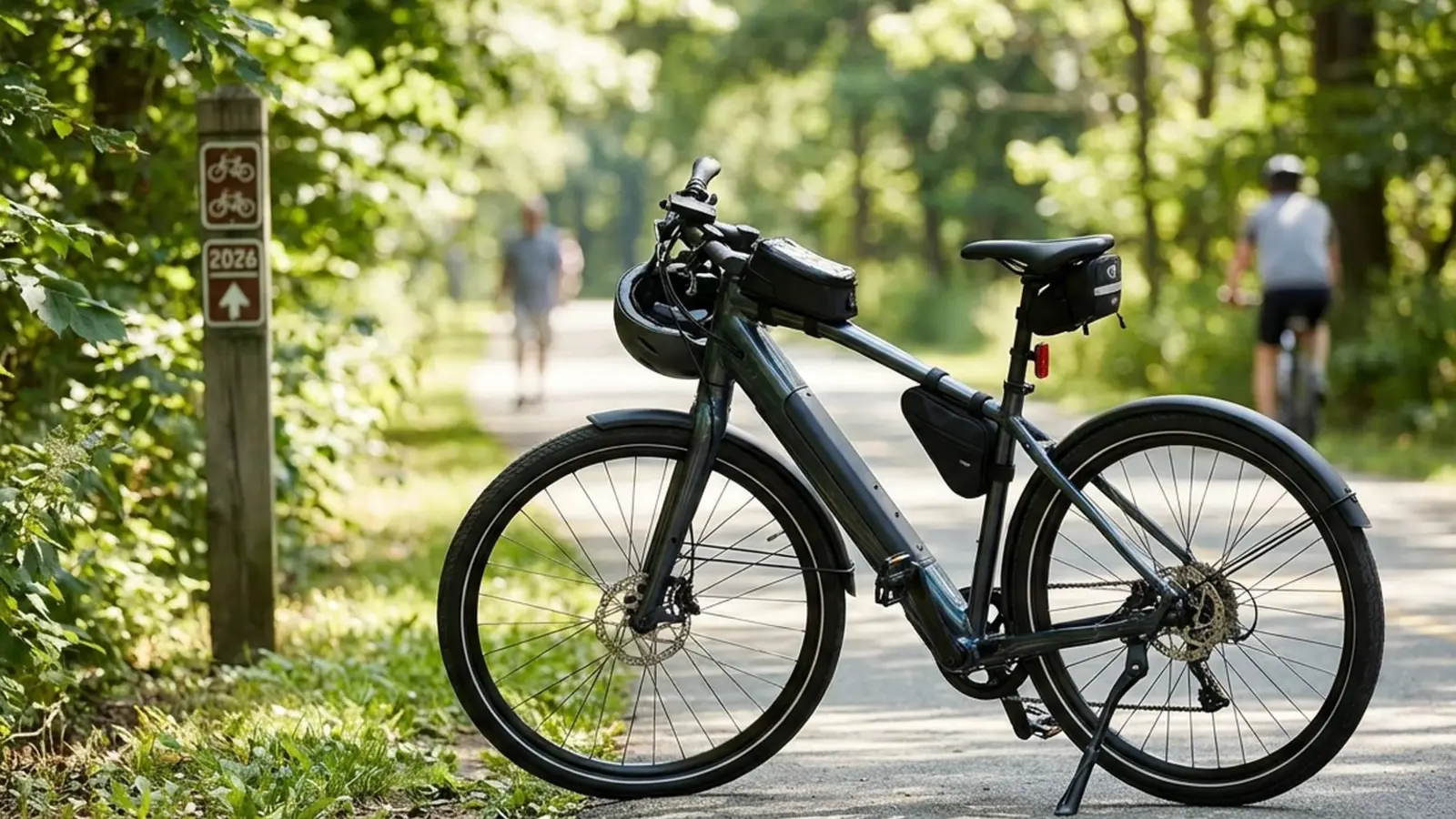 E-bike parked near a trail access sign, illustrating where class rules matter.
